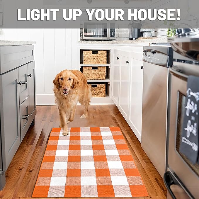 IOHOUZE Fall Buffalo Plaid Check Rug Outdoor Doormat 27.5 x 43 Inches Washable Woven Porch Decor Welcome Mats for Front Door/Farmhouse/Entryway/Home Entrance Orange and White Outdoor Rug