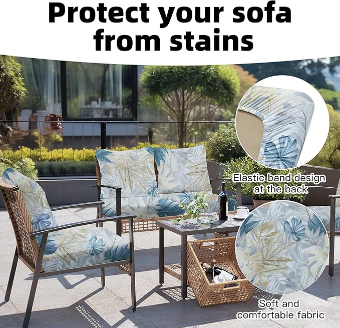 8Pcs Outdoor Cushion Covers, Patio Cushion Covers,Stretch Elastic Slipcovers, Replacement Washable & Reusable Furniture Protector for Patio Couch (White & Blue Leaf,Cover Only)