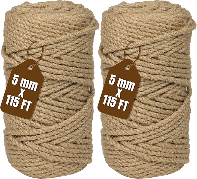 Jute Twine 5mm 230 Feet Thick Natural Jute Twine String for Heavy Duty Gardening, Bundling, Cat Scratching Post, DIY Crafts(2Rolls, 115Feet/Roll)
