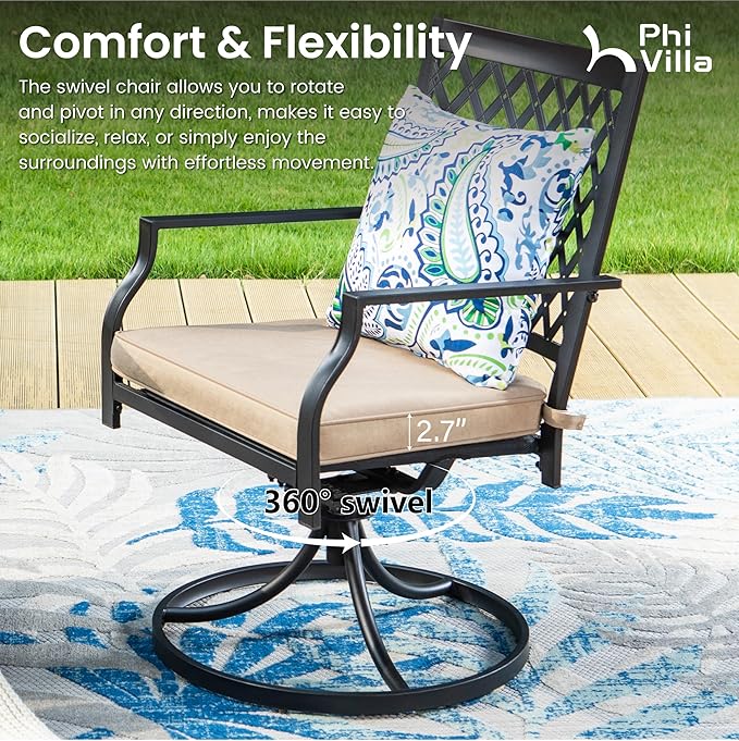PHI VILLA 3 Piece Outdoor Bistro Set for 2, 22" Wrought Iron Square Table with Umbrella Hole & Swivel Metal Chairs, Small Furniture Conversation Set for Porch, Deck, Balcony, Patio, Yard - Black