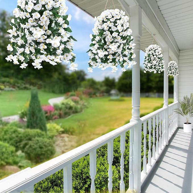 Sggvecsy Artificial Fake Hanging Flowers Plants for Outdoor Outside Spring Summer Decoration 4PCS Faux Silk UV Resistant Realistic Morning Glory Trailing Vines for Home Porch Patio Balcony(White)