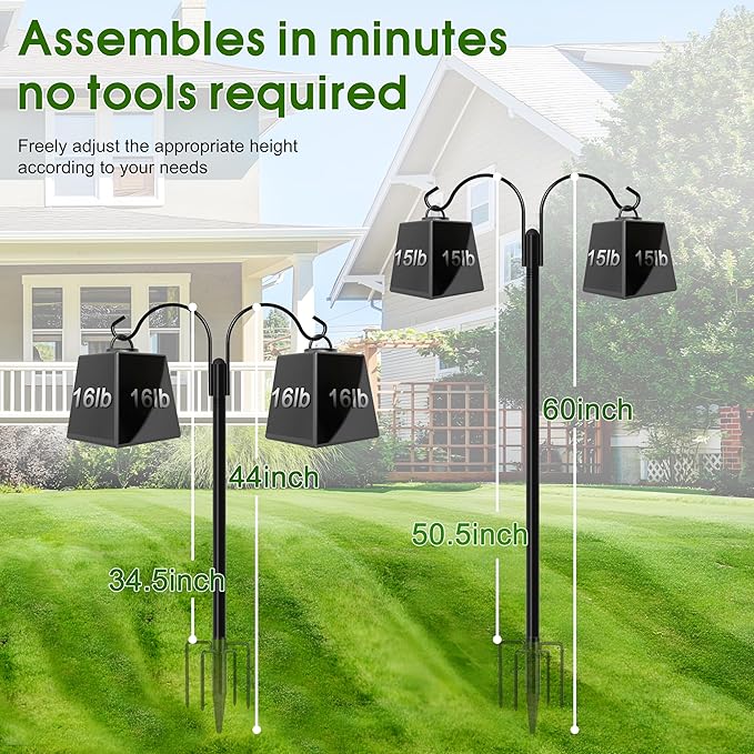 XDW-GIFTS Shepherds Hooks for Outdoor, 2-Pack 60 Inch Heavy Duty Bird Feeder Pole, Garden Pole for Hanging Plants, Lantern, Hummingbird Feeder, Hanging Plant Stand with 5 Base Prongs