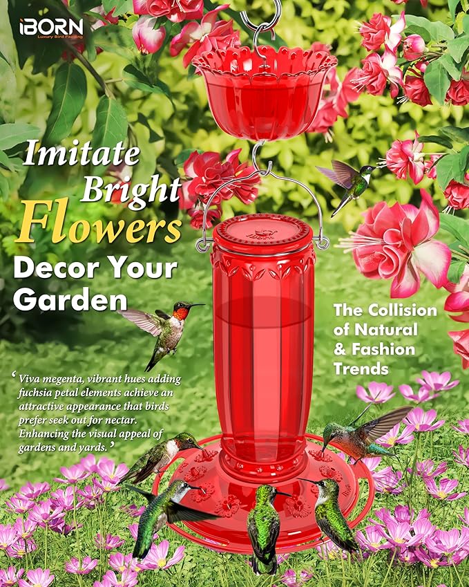 iBorn Hummingbird Feeders for Outdoors Hanging with Ant Moat for Hummingbird Feeder Glass 12 Ports for 16oz Humming Bird Nectar, Red Glass, Pack of 1