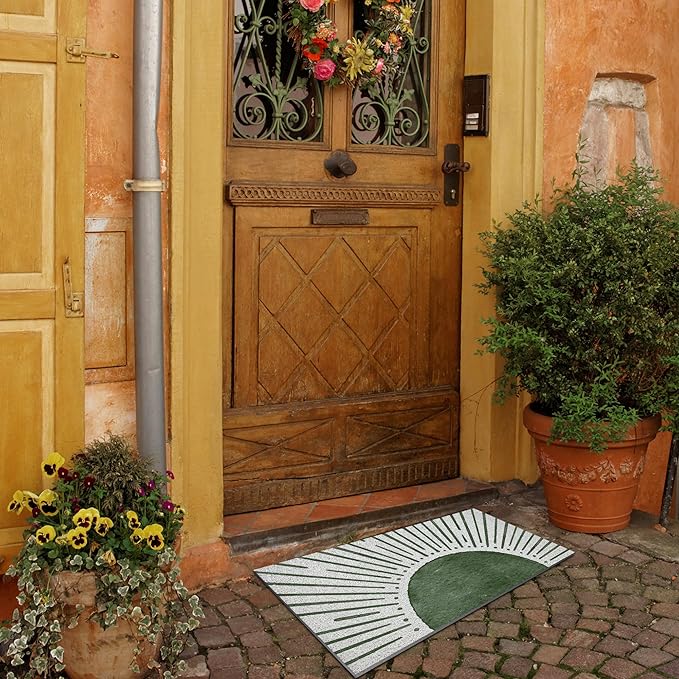 Nogrit Boho Door Mat,Green Sun Sunrise Sunset Sunshine Doormat 17x30, Sunray Door Mat for Bohemian Home Bathroom Outside Inside Front Door Entrance