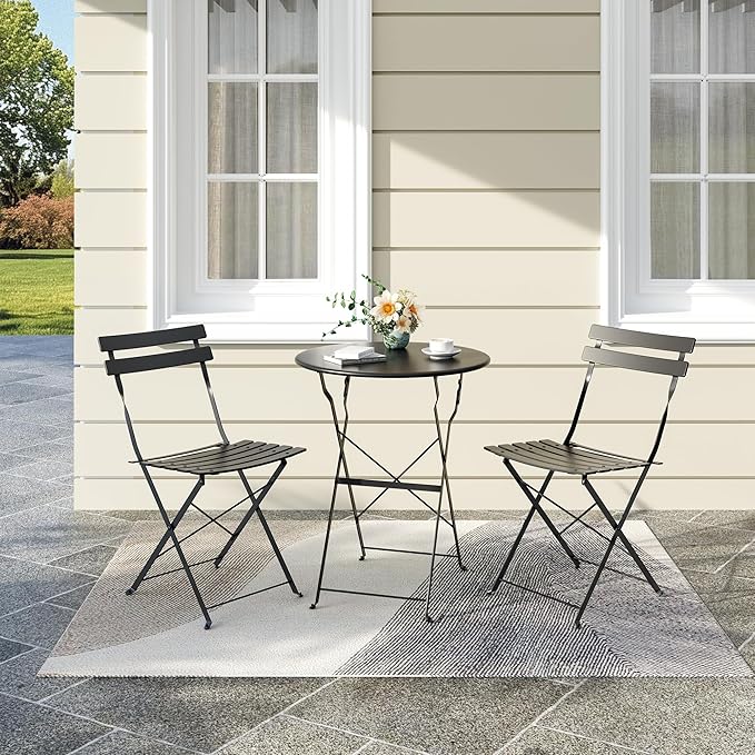 Bistro Table and Chairs Set of 2, 3 Piece Outdoor/Indoor Folding Patio Bistro Sets, 2 Chair Patio Furniture Set with Table, Premium Frame Foldable Coffee Tables for Balcony, Yard, Garden, Black
