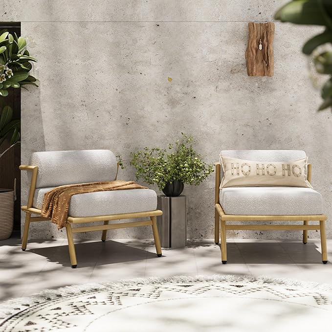 Christopher Knight Home Dessa Patio Accent Chairs Set of 2, Wood-Like Club Chairs, Boucle Lounge Chair, Upholstered Armless Chair, Iron Frame Stable Seating for Garden Poolside Backyard, White+Teak