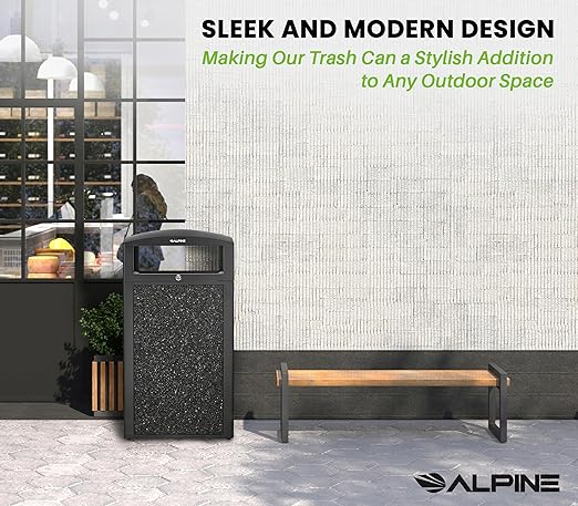 Alpine Industries 40 Gallon Commercial Outdoor Trash Can, Metal with Removable Bin & Locking Lid (Black, Grey Stone)