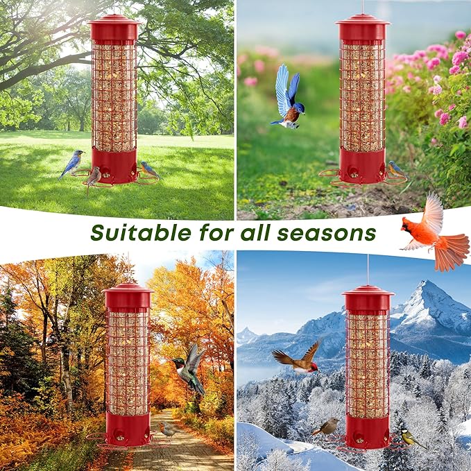 Squirrel Proof Bird Feeders, Metal Wild Bird Feeder for Outdoors Hanging, Weight Activated Squirrel Buster for Chickadees, Goldfinches, Cardinals, Chew-Proof, 4.4LB Large Capacity, Red