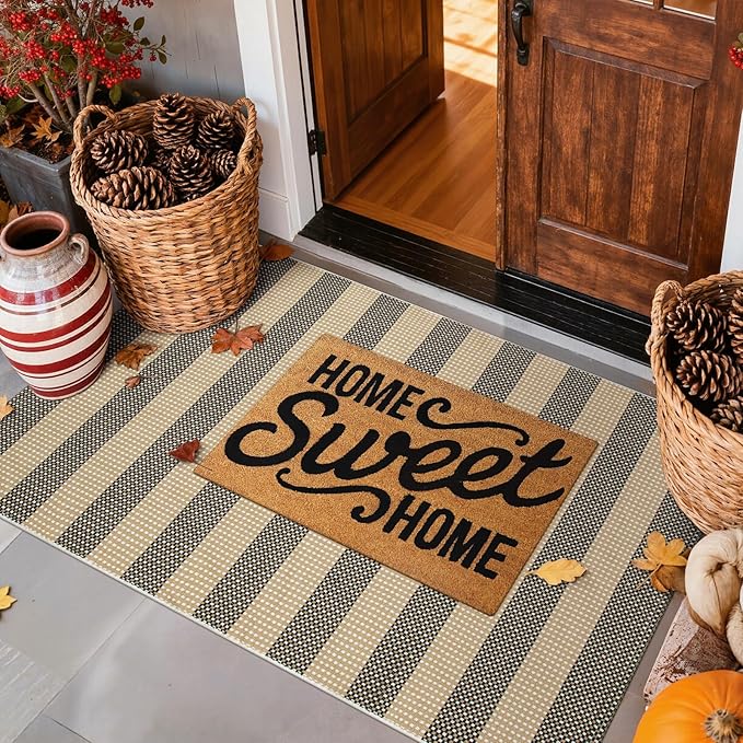 Black and Tan Boho Striped Rugs, 3x5 Rug Outdoor Front Door Mat Hand Woven Washable Rugs for Entryway, Foldable Front Porch Rug for Kitchen/Home Entrance/Farmhouse