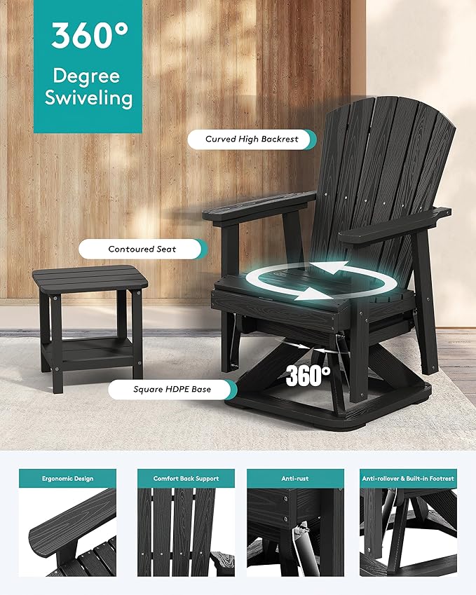SERWALL Adirondack Swivel Glider, HDPE Glider Set of 4 for Outdoor, All-Weather Glider Rocking Chair for Porch, Balcony, Black