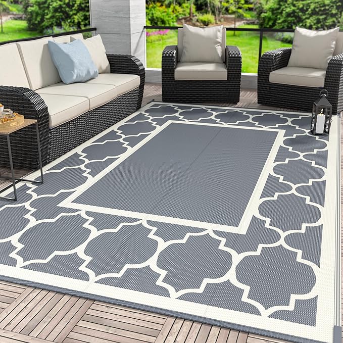 GENIMO 9 ' x 12 ' Outdoor Rug for Patio, Waterproof Indoor Outdoor Plastic Straw Rugs Carpet, Reversible Outside Area Mat for Camping, Balcony Porch, Deck, Picnic, Beach Grey & Beige White