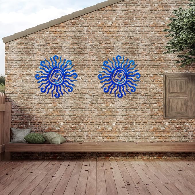 Moxweyeni 12 Inch Sun Metal Wall Art Outdoor Decor Wacky Large Sun Metal Art Wall Decor Pool Decorations for Home Bedroom Living Room Office Garden(Blue)