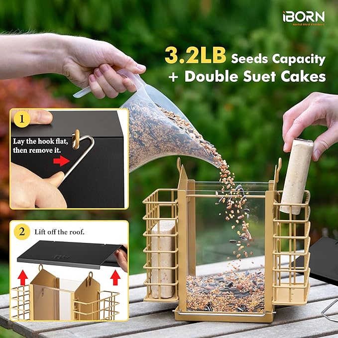 iBorn Bird Feeders for Outdoors,Bird Feeder with Double Suet Holders,Suet Feeder for Outside,Weatherproof Metal Roof,Easy to Refill&Clean,3.2 LBs Seed Capacity+2X Cakes,1 Pack,Black Roof & Yellow Grid