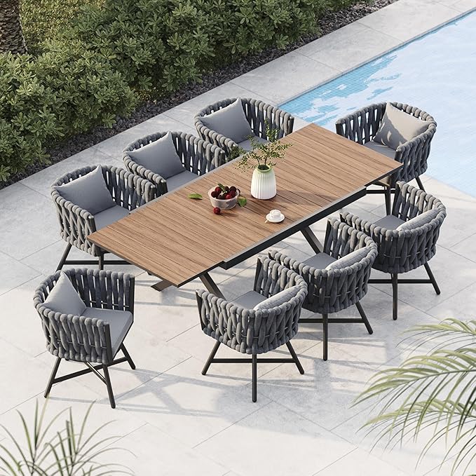 Grand patio 9-Piece Outdoor Dining Set for 8, Patio Dining Furniture Set for 8 Swivel Rope Wicker Chairs & 1 Extendable Rectangular Dining Table, Dark Grey
