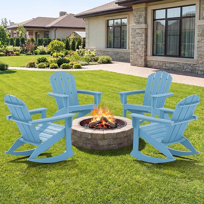 SERWALL Outdoor Adirondack Rocking Chairs Set of 4, All-Weather HDPE Adirondack Rocker Chair, Front Porch Rocker Chairs for Patio Lawn Porch Deck, Light Blue