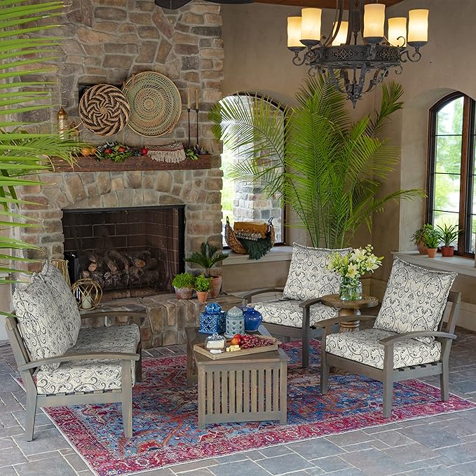 Arden Outdoor Foam Deep Seat Cushion Set, 24 in x 24 in, Weather-Proof, Rain-Proof, Fade Resistant Patio Cushion, Bottom and Back Cushion for Chair, Sofa, and Couch Neutral Aurora Damask