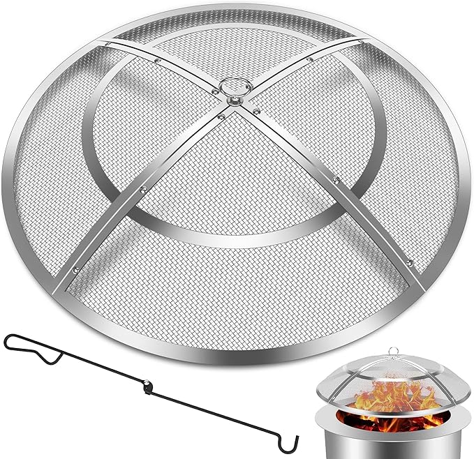 Fire Pit Spark Screen,24 Inch Fire Pit Screen Cover Stainless Steel Outdoor with Handle&Poker,Firepit Screens Cover Round Mesh Lid Heavy-Duty Steel Replacement for Backyard/Beach/RV Camping