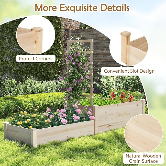 Giantex Wooden Raised Garden Bed with Trellis & 2 Planter Boxes, Raised Bed for Vegetables Flowers Vine Fruits Herbs Gardening Planting, Outdoor Garden Box for Patio Backyard Lawn
