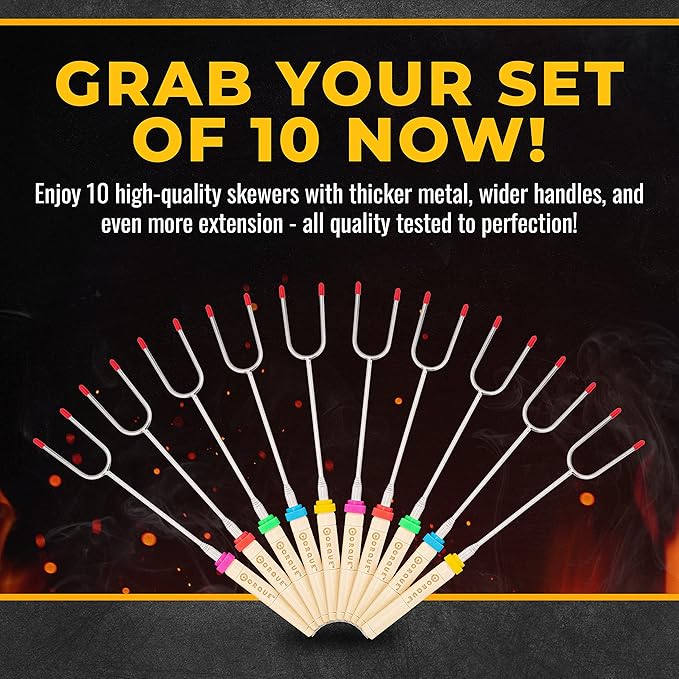 CORQUE Marshmallow Roasting Sticks, Smores Sticks, Extendable, Camping Skewer for Fire Pit, Wooden Handle, 34 inch Metal for BBQ Hotdog, Cooking, Campfires, Bonfires, Set of 10 [New Model]