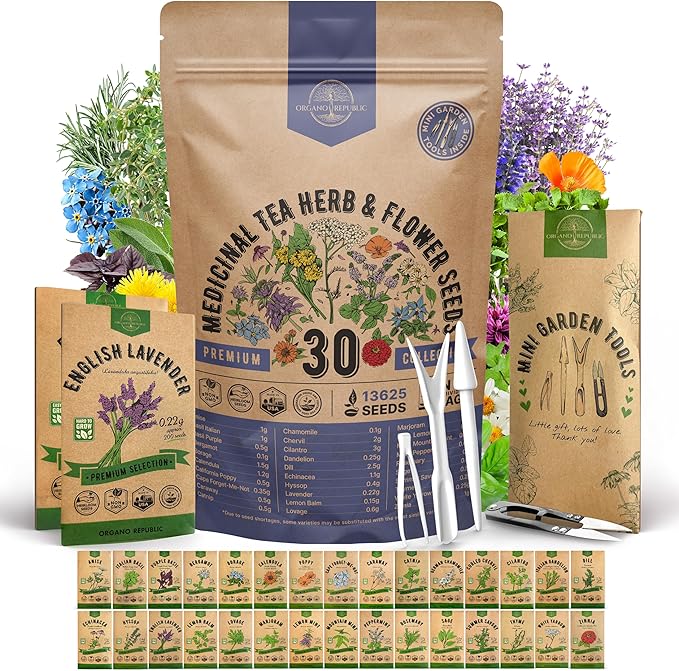 Organo Republic 30 Medicinal Tea Herb & Flower Seeds Variety Pack - 13600+ Non-GMO Heirloom Flower Seeds for Outdoor & Indoor Garden, Including Bergamot, Catnip, Calendula, Dandelion, Lovage, Zinnia
