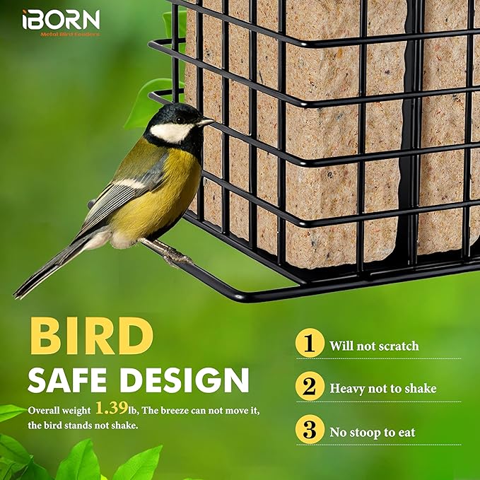 iBorn Suet Feeder for Outside Hanging,Suet Bird Feeders for Outdoors,Suet Holder With Squirrel Proof Hanger Hook,Suet Cage Bird Feeders,Woodpecker Feeder,Weatherproof Metal Roof,All Metal,1 Pack,Black