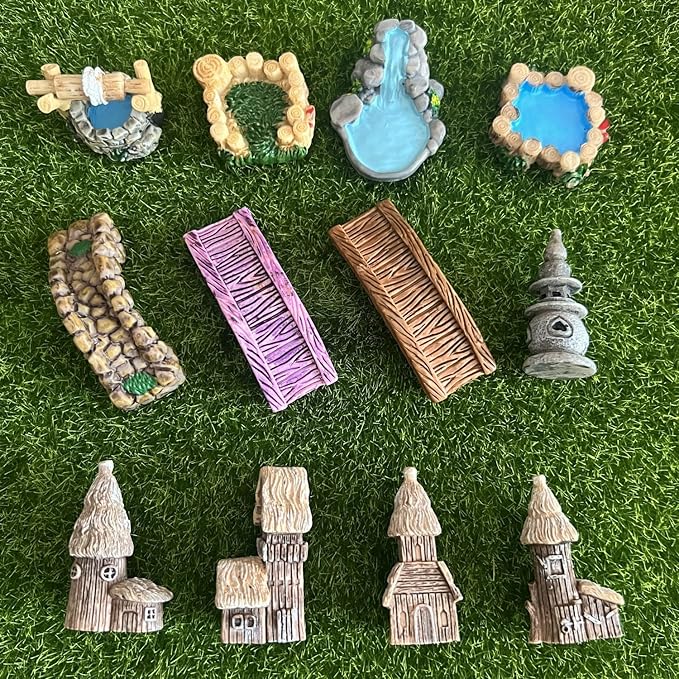 LONCESS Fairy Garden Accessories Miniature Tree House Bridge Mini Lighthouse Water Well Bridge Figurines Pond Lawn Ornament Figurines for DIY Craft Garden Decor,12 Peices