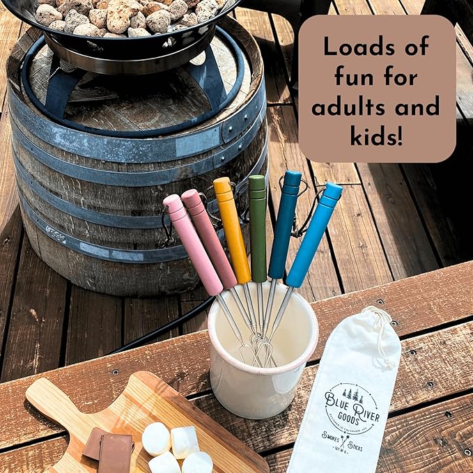 Smores Sticks | Set of 6 Marshmallow Roasting Sticks in Boho Colors | Extendable Stainless Steel w/Solid Wood Handles | Marshmallow Sticks for Fire Pit | Smore Sticks for Fire Pit