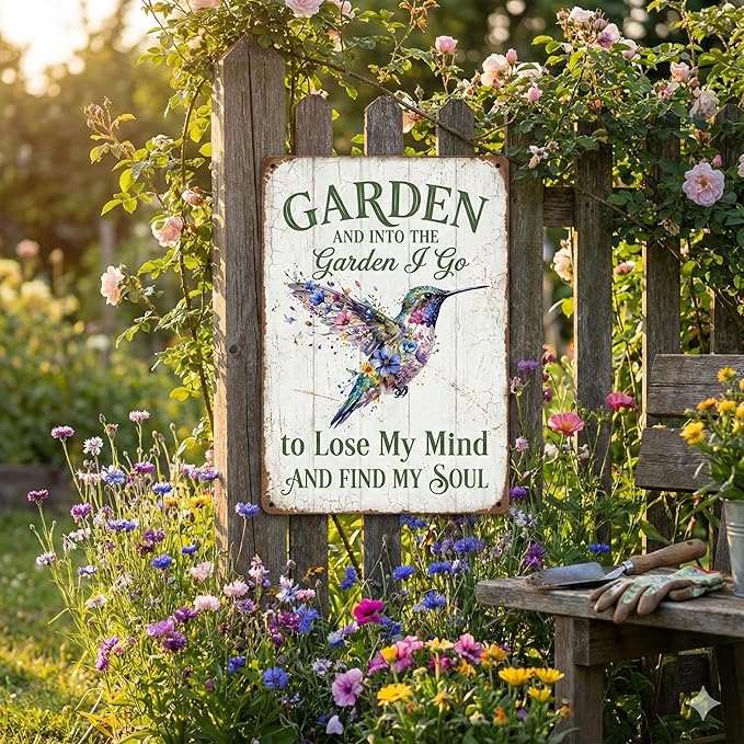 Vintage Hummingbird Garden Tin Sign - "Into The Garden I Go" Inspirational Quote - 8x12 Aluminum Floral Bird Wall Art - Rustic Farmhouse Patio Decor - Metal Sign Perfect Gardening Gift for Shed, Mom, Grandma