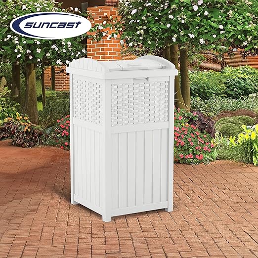 Suncast Wicker Plastic Outdoor Hideaway 33 Gallon Trash Can Bin with Latching Lid for Backyard, Deck, or Patio Use, White (2 Pack)