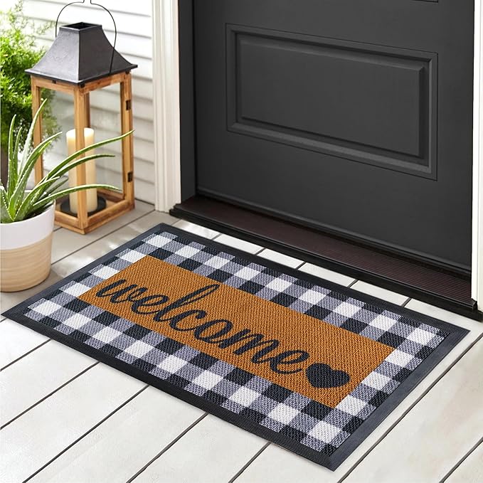 ubdyo Welcome Mat for Front Door Outside - Dirt Trapping Doormat Outdoor Entrance - Low Profile Welcome Matt Outdoor - Rubber Backing Anti Slip Door Mat - Regular 30'' x17'' (Checkered)