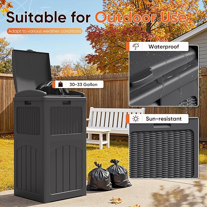 YESHOMY 33 Gallon Resin Outdoor Trash Can with Lid, Hideaway Waterproof Patio Garbage Bin, Gray