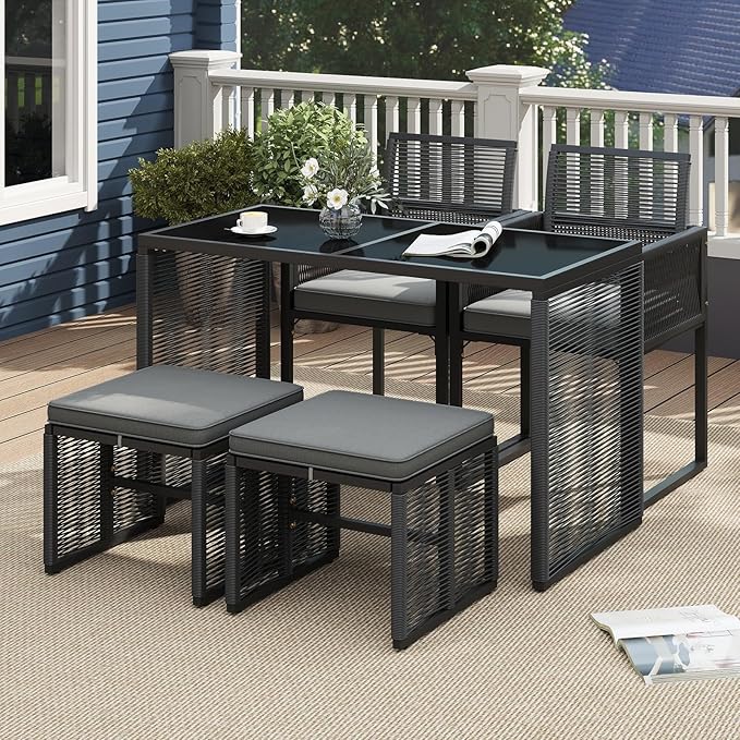 Tangkula 5 Pieces PE Wicker Patio Dining Set, Outdoor Conversation Set with Cushions, Space-Saving Patio Rattan Chair and Tempered Glass Table Set with Ottomans for Garden, Backyard & Poolside