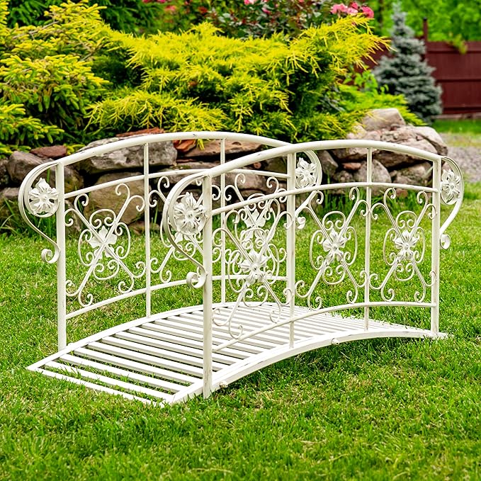 Zaer Ltd. Decorative Iron Garden Bridge, 40.5 x 22 x 22 inches, Antique Bronze or White, Floral Design (Antique White)