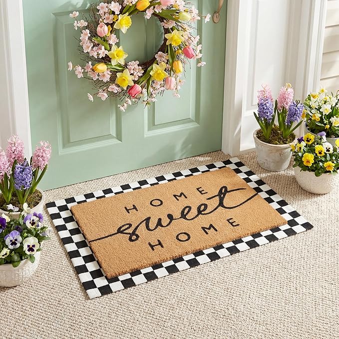 Tinideya 2 Pcs Summer Door Mat Non Slip Wildflower Coastal Hello Sunshine Sweet Home Ocean Pet Welcome Floor Doormat Buffalo Plaid Checked Stripe Mat Seasonal for Front Porch Entryway(Home Sweet)