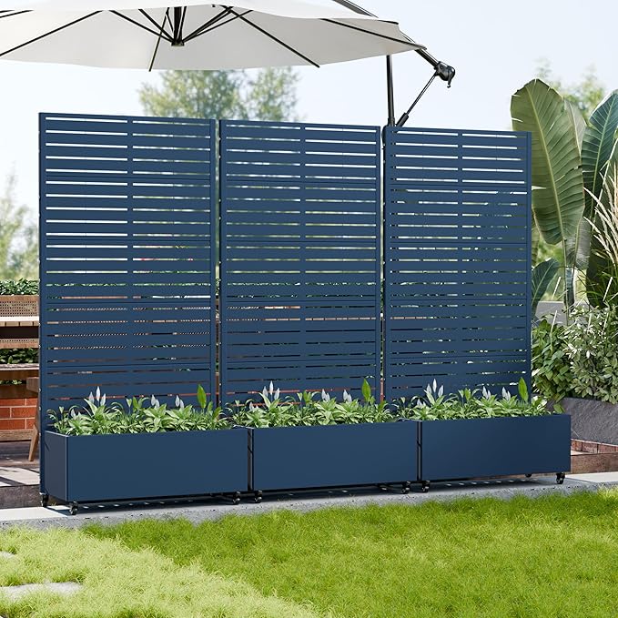 Casaphoria Metal Raised Garden Bed with Trellis and Wheels, 72"x35"x16" Planter Box for Climbing Plants, Vegetables & Vines, Features Drainage Holes and Privacy Screen, Blue-Louvered