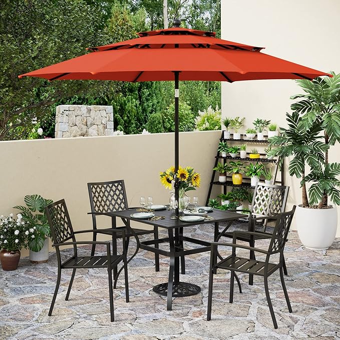 PHI VILLA Outdoor Dining Set 6 PCS with 10ft 3-Layer Round Umbrella(Orange Red),1 Square 37"x 37"Dining Table,4 Bistro Chairs& 10ft Patio Umbrella