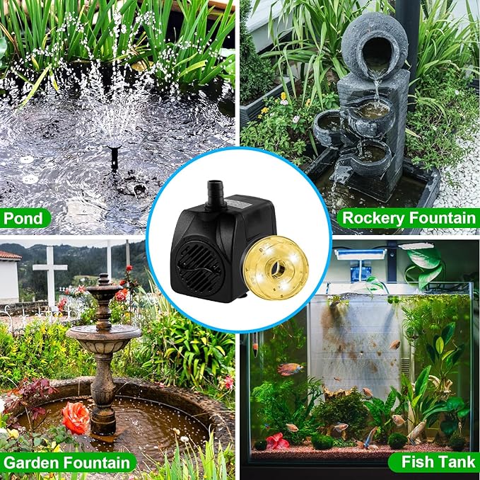 15W 800L/H Submersible Pond Fountain Pump with LED Lights, Ultra Quiet Water Pump, Pond Fountain Pumps for Small Pond, Garden, Aquarium, Fish Tank, Indoor Outdoor Fountain 3 Type Nozzle (Warm)