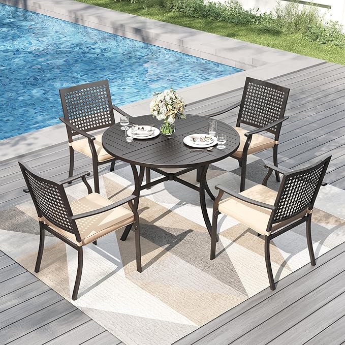 PHI VILLA 5 Pieces Outdoor Round Dining Set for 4, 42" Metal Steel Table with Umbrella Hole & Stacking Wrought Iron Chairs with Cushions, Modern Circle Furniture Set for Patio, Deck, Yard, Porch