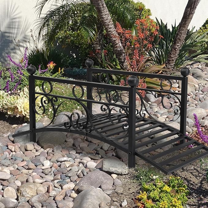 3.3FT Steel Garden Bridge with Anti-Slip Deck, 450LB Capacity Metal Footbridge for Yard, Pond or Garden - Rust-Resistant Powder Coated & Easy Assembly