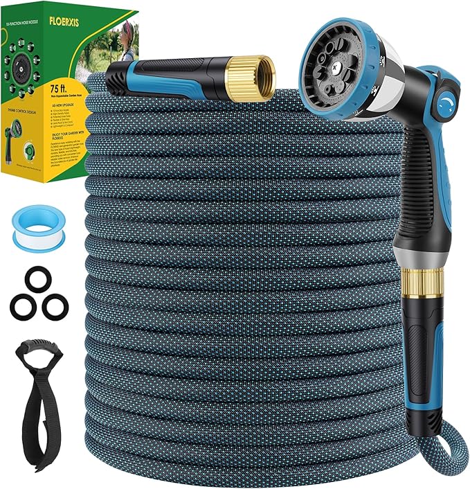 Non-Expandable Garden Hose 75 FT, Lightweight Hose with 10 Function Spray Nozzle, Kink-Free Flexible Water Hose, Durable, Leak-Proof, 360° Swivel Connectors, Portable Storage Strap