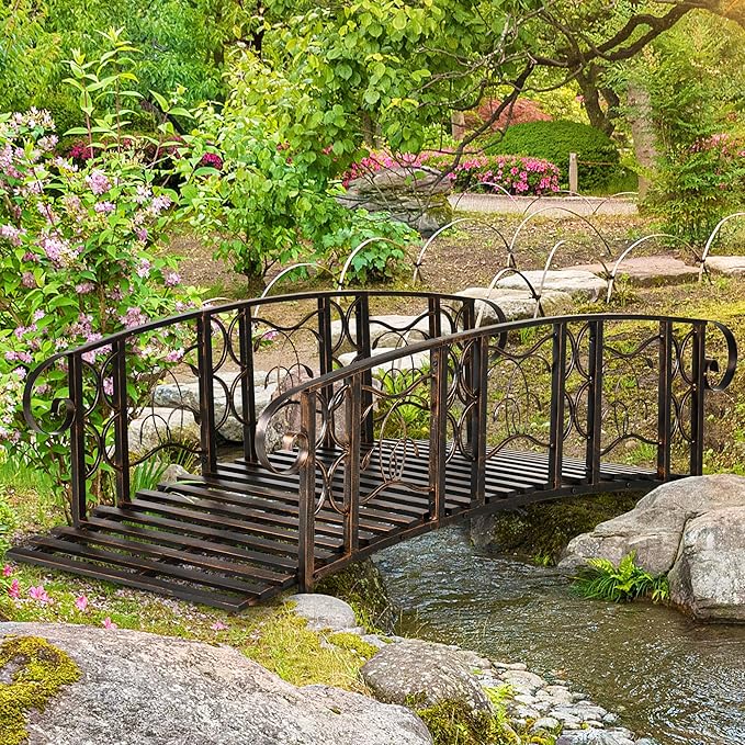 Outsunny 6' Metal Arch Backyard Garden Bridge with 660 lbs. Weight Capacity, Safety Siderails, Vine Motifs, Easy Assembly for Backyard Creek, Stream, Pond, Brown