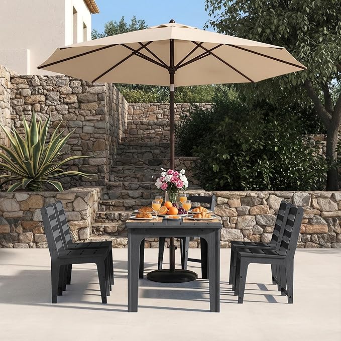 7-Piece HDPE Patio Dining Set, Weather-Resistant Outdoor Table with 2/1.5-Inch Umbrella Hole, Never Sagging One-Piece Tabletop with Metal Support Bars for Poolside Backyard Garden (Black)