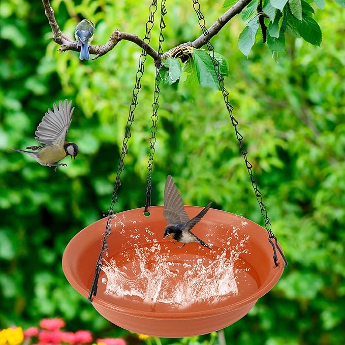 Hanging Bird Bath for Outside, Hanging Bird Water Feeder for Outdoor, Birdbath Bowl, Birdbaths for Outdoors Balcony Window Backyard Garden, Small Large Wild Birdfeeder Tray (10", Terracotta)