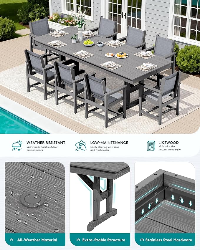 SERWALL 9 Piece Outdoor Dining Set, 84" HDPE Outdoor Table and Chairs for 8，All Weather Patio Furniture Set with Umbrella Hole for Backyard, Garden, Gray