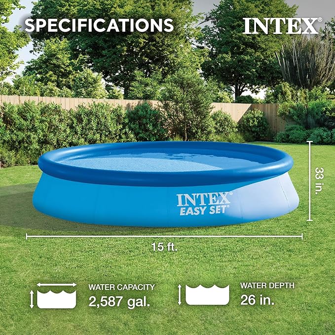 Intex 15' x 33" Easy Set Inflatable Ring Top Round Above Ground Swimming Pool with Cover and Krystal Clear Cartridge Filter Pump