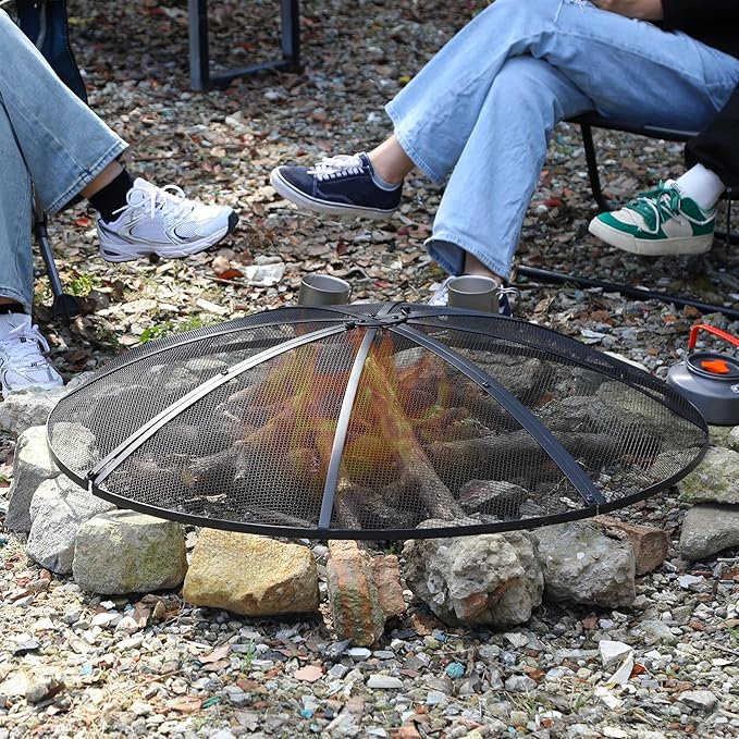 Lineslife Fire Pit Spark Screen 40 Inch Cover Round, Heavy Duty Collapsible Outdoor Fire Pit Mesh Screen, Metal Fire Pits Top Lid with Ring Handle for Patio Backyard, Black