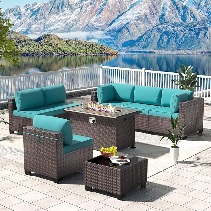 Kullavik 8 Pieces Outdoor Patio Furniture Set with 43" Gas Propane Fire Pit Table PE Wicker Rattan Sectional Sofa Patio Conversation Sets,Blue