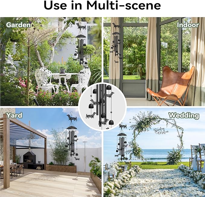 Dachshund Wind Chimes for Outside, Decorative Wind Chimes Dachshund Gifts for Women/Men, Memorial/Birthday Gifts, Garden Decor for Outside, Patio or Yard, Durable Chimes for Outdoors (Black)
