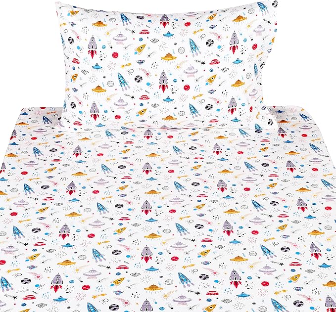Scientific Sleep Planet Spaceship Rocket in Universe Cotton Cozy Twin Bed Sheet Set, Flat Sheet & Fitted Sheet & Pillowcase Natural Bedding Set (Space, Twin)