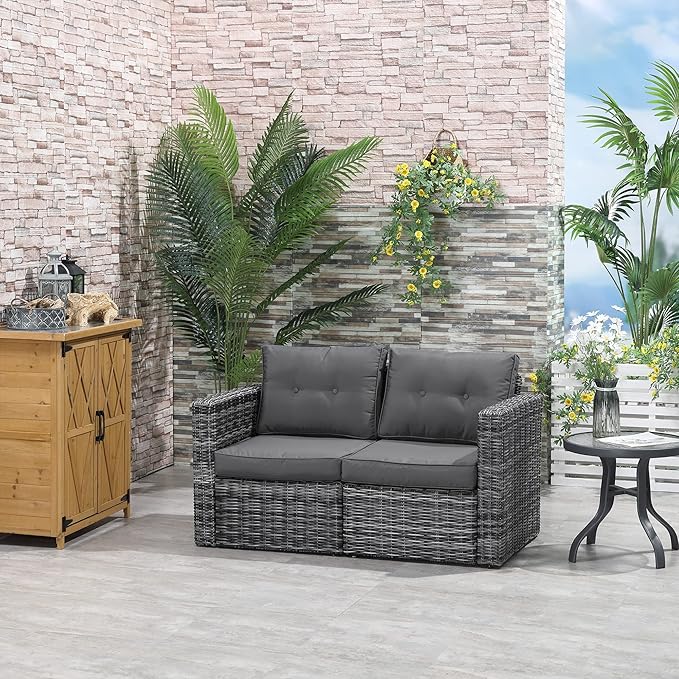 Outsunny 2 Piece Patio Wicker Corner Sofa Set, Outdoor PE Rattan Furniture, with Curved Armrests and Padded Cushions for Balcony, Garden, or Lawn, Gray